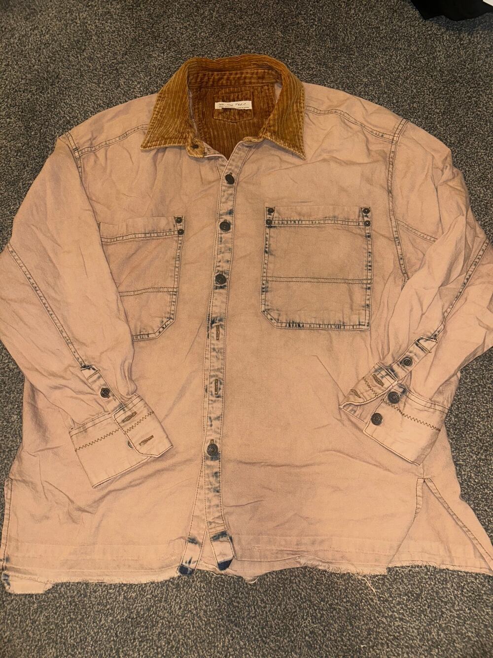 We The Free Highland Hiker Oversized Distressed Denim Shirt Size small Brown